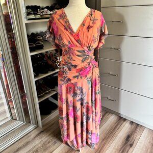 Maeve Simone Floral and Butterfly  V-Neck Ruched Dress by Anthropologie